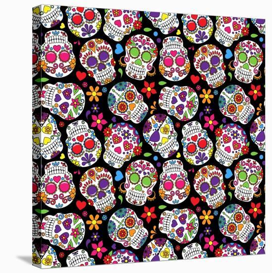 Day of the Dead Sugar Skull Seamless Vector Background-Pink Pueblo-Stretched Canvas