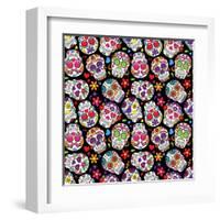 Day of the Dead Sugar Skull Seamless Vector Background-Pink Pueblo-Framed Art Print