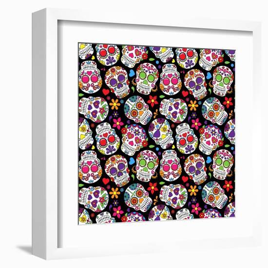 Day of the Dead Sugar Skull Seamless Vector Background-Pink Pueblo-Framed Art Print