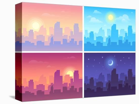 Daytime Cityscape. Morning, Day and Night City Skyline Landscape, Town Buildings in Different Time-Tetiana Lazunova-Stretched Canvas