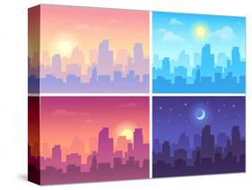 Daytime Cityscape. Morning, Day and Night City Skyline Landscape, Town Buildings in Different Time-Tetiana Lazunova-Stretched Canvas