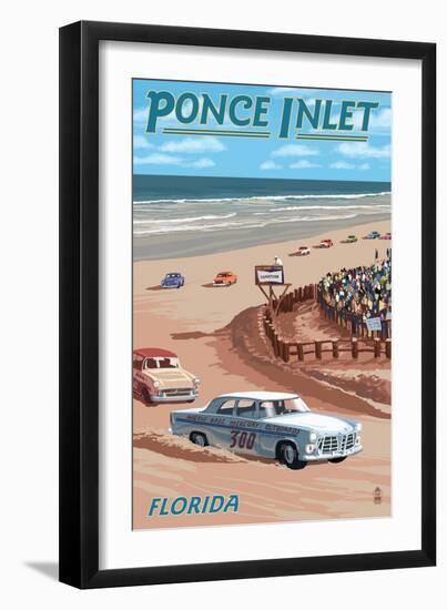 Dayton Beach Race Scene, Ponce Inlet, FL-Lantern Press-Framed Art Print