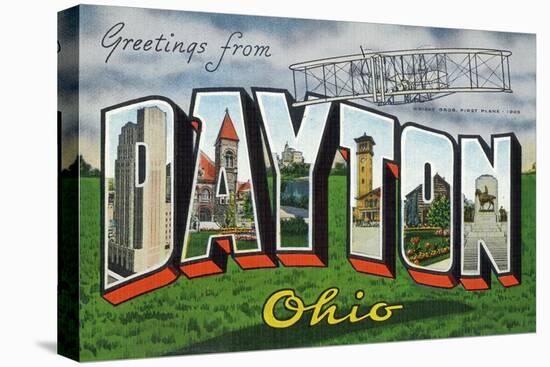 Dayton, Ohio - Large Letter Scenes, Wright Bros. Plane-Lantern Press-Stretched Canvas