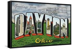 Dayton, Ohio - Large Letter Scenes, Wright Bros. Plane-Lantern Press-Framed Stretched Canvas