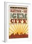 Dayton, Ohio - Skyline and Sunburst Screenprint Style-Lantern Press-Framed Art Print