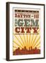 Dayton, Ohio - Skyline and Sunburst Screenprint Style-Lantern Press-Framed Art Print