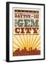 Dayton, Ohio - Skyline and Sunburst Screenprint Style-Lantern Press-Framed Art Print