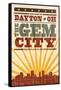 Dayton, Ohio - Skyline and Sunburst Screenprint Style-Lantern Press-Framed Stretched Canvas
