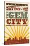 Dayton, Ohio - Skyline and Sunburst Screenprint Style-Lantern Press-Stretched Canvas