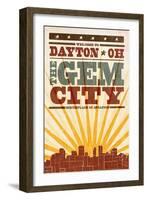Dayton, Ohio - Skyline and Sunburst Screenprint Style-Lantern Press-Framed Art Print