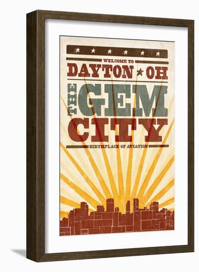 Dayton, Ohio - Skyline and Sunburst Screenprint Style-Lantern Press-Framed Art Print