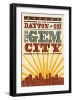 Dayton, Ohio - Skyline and Sunburst Screenprint Style-Lantern Press-Framed Art Print