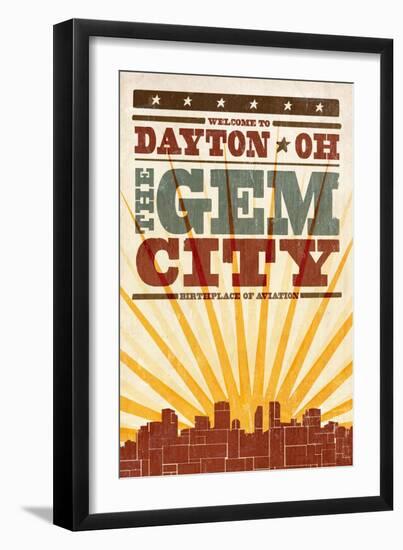 Dayton, Ohio - Skyline and Sunburst Screenprint Style-Lantern Press-Framed Art Print