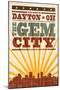 Dayton, Ohio - Skyline and Sunburst Screenprint Style-Lantern Press-Mounted Art Print