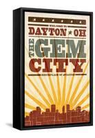 Dayton, Ohio - Skyline and Sunburst Screenprint Style-Lantern Press-Framed Stretched Canvas