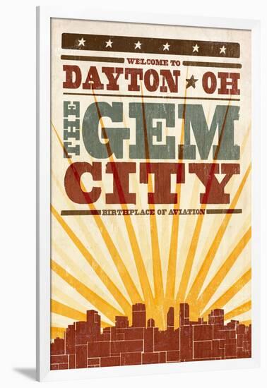 Dayton, Ohio - Skyline and Sunburst Screenprint Style-Lantern Press-Framed Art Print