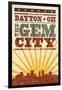 Dayton, Ohio - Skyline and Sunburst Screenprint Style-Lantern Press-Framed Art Print