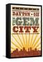 Dayton, Ohio - Skyline and Sunburst Screenprint Style-Lantern Press-Framed Stretched Canvas