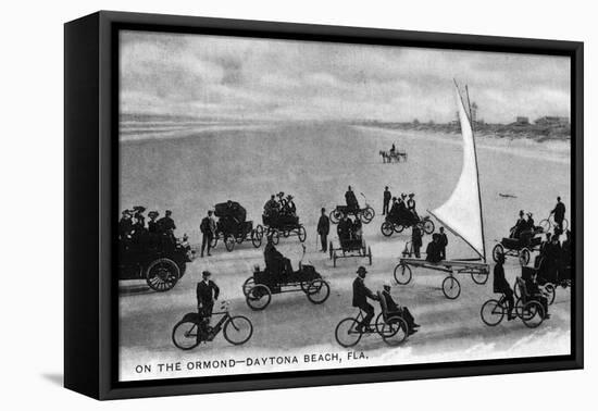 Daytona Beach, Florida - Crowds on Bicycles and in Cars-Lantern Press-Framed Stretched Canvas