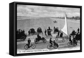 Daytona Beach, Florida - Crowds on Bicycles and in Cars-Lantern Press-Framed Stretched Canvas