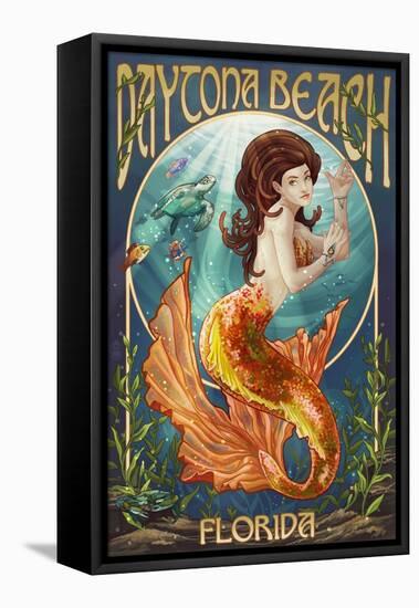 Daytona Beach, Florida - Mermaid-Lantern Press-Framed Stretched Canvas