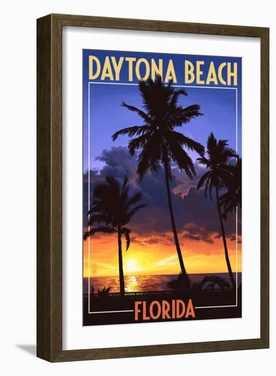 Daytona Beach, Florida - Palms and Sunset-Lantern Press-Framed Art Print