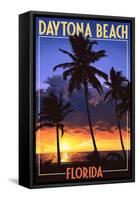 Daytona Beach, Florida - Palms and Sunset-Lantern Press-Framed Stretched Canvas