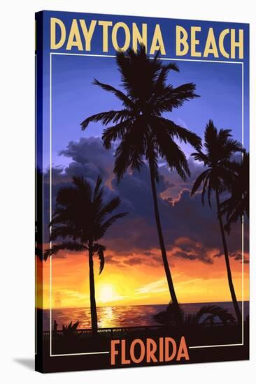 Daytona Beach, Florida - Palms and Sunset-Lantern Press-Stretched Canvas