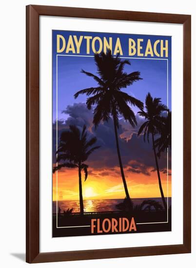 Daytona Beach, Florida - Palms and Sunset-Lantern Press-Framed Art Print