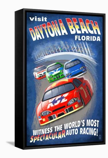 Daytona Beach, Florida - Racecar Scene-Lantern Press-Framed Stretched Canvas