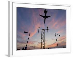 Dc9 Aircraft Approaching over Runway Landing Light Gantries at Sunset, London, England, United King-Charles Bowman-Framed Photographic Print