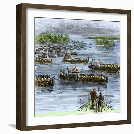 De Soto's Expedition Met by Chief Aquixo's Native Americans on the Mississippi River, c.1542-null-Framed Giclee Print