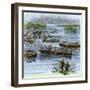 De Soto's Expedition Met by Chief Aquixo's Native Americans on the Mississippi River, c.1542-null-Framed Giclee Print