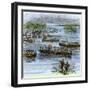 De Soto's Expedition Met by Chief Aquixo's Native Americans on the Mississippi River, c.1542-null-Framed Giclee Print