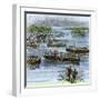 De Soto's Expedition Met by Chief Aquixo's Native Americans on the Mississippi River, c.1542-null-Framed Giclee Print