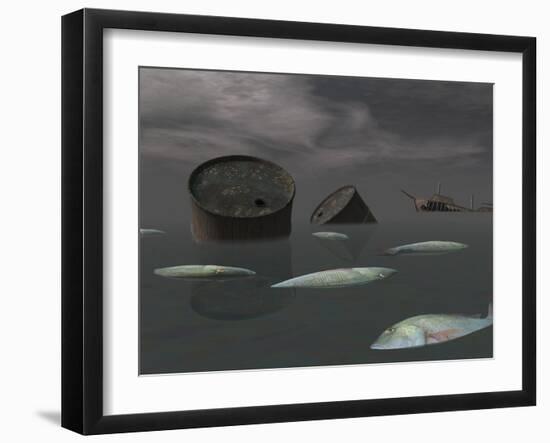 Dead Fish and Oil Tanks in Polluted Ocean Near Tanker Wreck-null-Framed Art Print