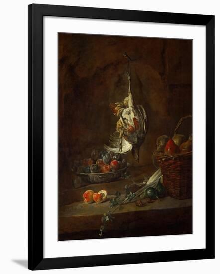 Dead Partridge Hung by One Leg, Bowl with Prunes, and a Basket with Pears, Around 1728-Jean-Baptiste Simeon Chardin-Framed Giclee Print