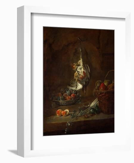 Dead Partridge Hung by One Leg, Bowl with Prunes, and a Basket with Pears, Around 1728-Jean-Baptiste Simeon Chardin-Framed Giclee Print