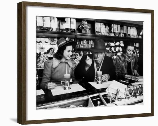 Deanna Durbin having Ice Cream Soda at Counter with Eddie Cantor During Visit to the City-Alfred Eisenstaedt-Framed Premium Photographic Print