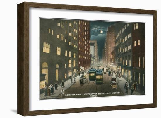 Dearborn Street at Night, Chicago, Illiniois-null-Framed Art Print