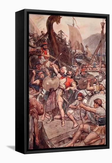 Death of the Persian Admiral at Salamis, Illustration from 'Plutarch's Lives for Boys and Girls'-William Rainey-Framed Stretched Canvas