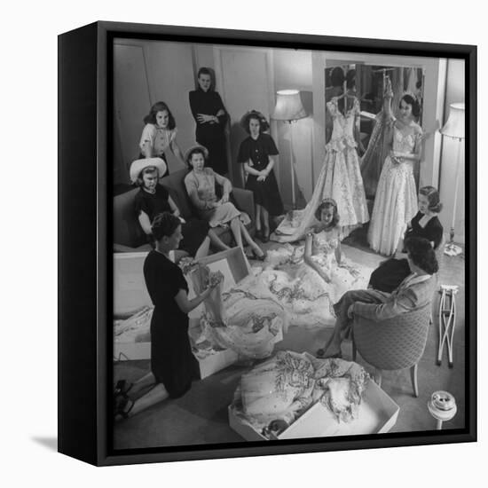 Debs of Omaha Aspire to be Queen: Last Years Queen and Her Court Look over Ballgowns-Herbert Gehr-Framed Stretched Canvas