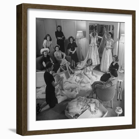 Debs of Omaha Aspire to be Queen: Last Years Queen and Her Court Look over Ballgowns-Herbert Gehr-Framed Photographic Print