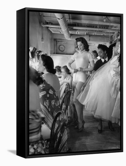 Debutante Actress Tina L. Meyer Changing Clothes Backstage in Dressing Room-Nina Leen-Framed Stretched Canvas