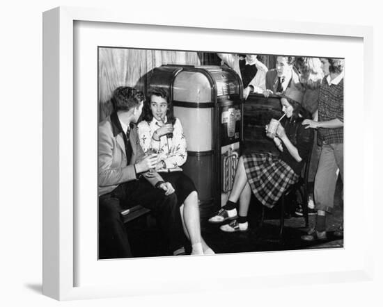 Debutantes with Dates at Local Malt Shop, Drinking Milkshakes-William C^ Shrout-Framed Photographic Print