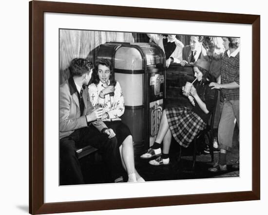 Debutantes with Dates at Local Malt Shop, Drinking Milkshakes-William C^ Shrout-Framed Photographic Print