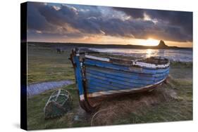 Decaying Fishing Boat on Holy Island at Dawn, with Lindisfarne Castle Beyond, Northumberland-Adam Burton-Stretched Canvas