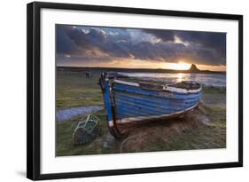 Decaying Fishing Boat on Holy Island at Dawn, with Lindisfarne Castle Beyond, Northumberland-Adam Burton-Framed Photographic Print