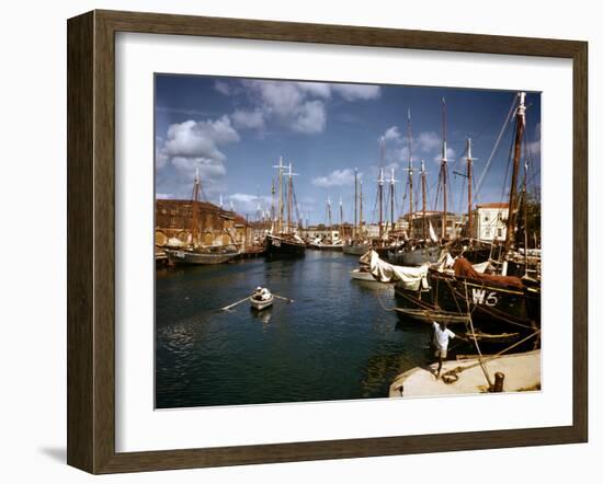 December 1946: Harbor Police in a Row Boat in Bridgetown Harbor, Barbados-Eliot Elisofon-Framed Photographic Print