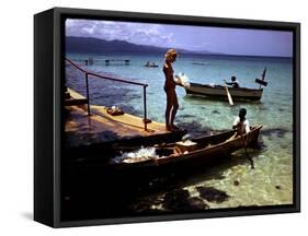 December 1946: Woman and Fishermen at Doctor's Cave Beach in Montego Bay, Jamaica-Eliot Elisofon-Framed Stretched Canvas